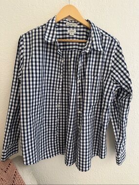 L.L. Bean Women’s Petite Navy and White Gingham Button-Down Shirt